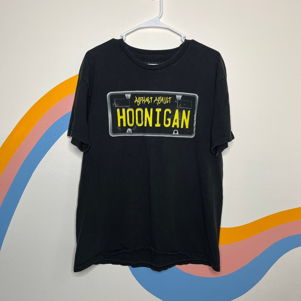 Hoonigan Asphalt Assault License Plate Graphic T-Shirt Mens Large Black Cotton